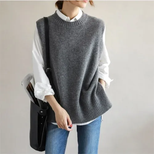 Knitted Vest Round Neck Vest Sweater Pullover Women's Sleeveless Loose - Gray