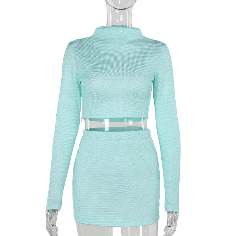 Fashion Casual Temperament Wild Shiny Half-high Collar Long Sleeves Mid-length Dress Set Women - Green