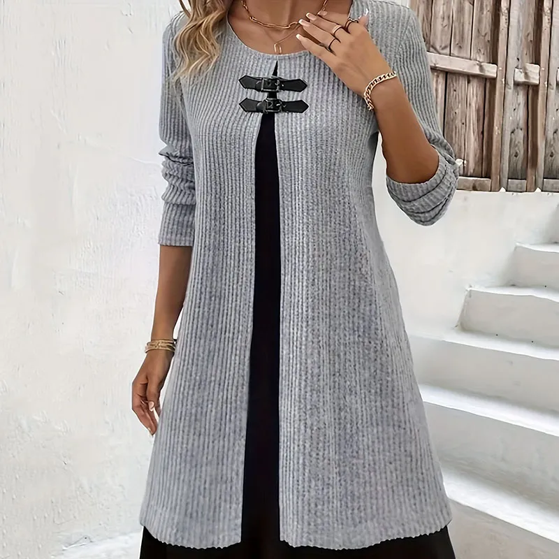 Contrast Color False Two-piece Suit Button Slim Fit Dress Sweater - Gray