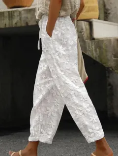 Embroidery Tie-neck Casual Women's Pants Cropped Elastic Waist - White - View 1