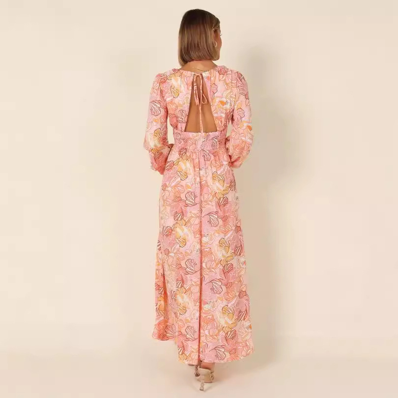 Printed Backless Deep-V Sexy Best-selling Long-sleeve Dress - photo 2