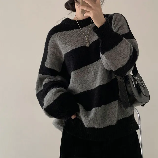 Loose Pullover Simple Knitwear Striped Thick Sweater Gray - Shop at LoveMi