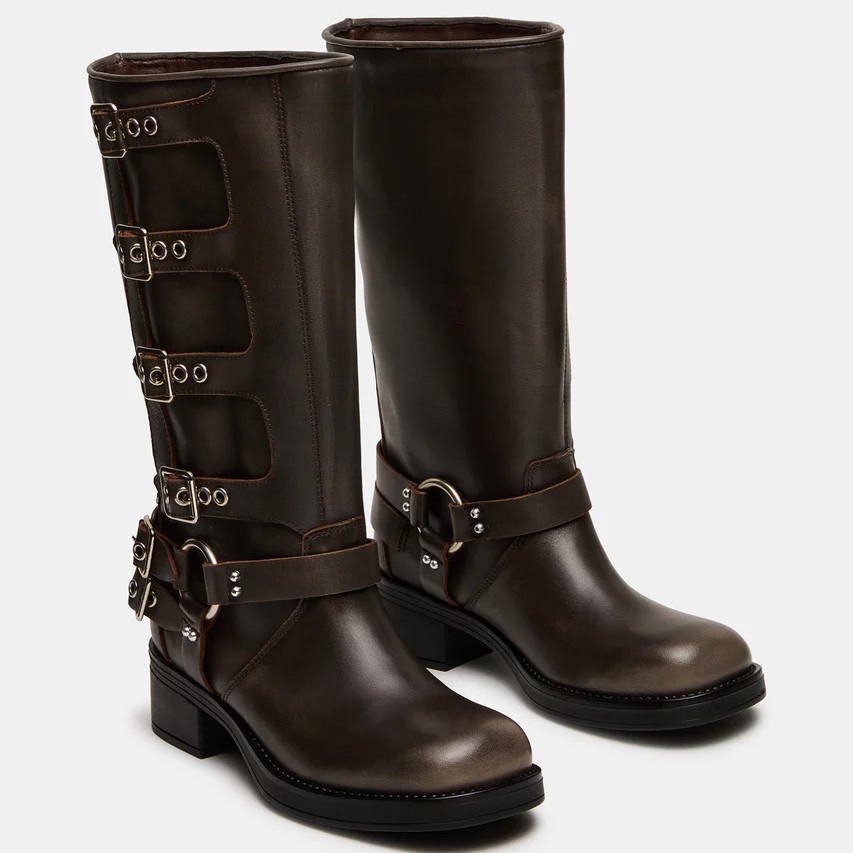 Retro Punk Biker Boots Chunky Heel Round Toe Belt Buckle Mid-Calf Boots
