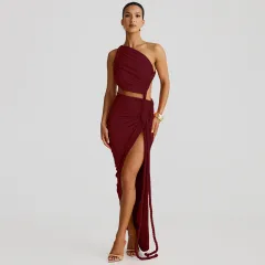 Fashion One Shoulder Tube Top Backless Hollow Tether Ruched Dress - Wine - View 1