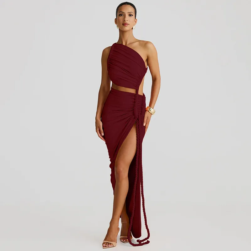 Fashion One Shoulder Tube Top Backless Hollow Tether Ruched Dress - Wine