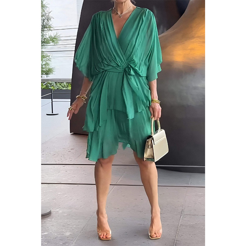 Pure Color Tied Long Dress Batwing Sleeve Cake Dress