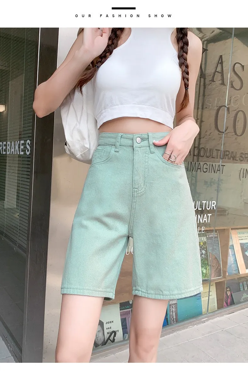 New Colour High Waist Fifth Jeans Women Korean Style Straight - Mint