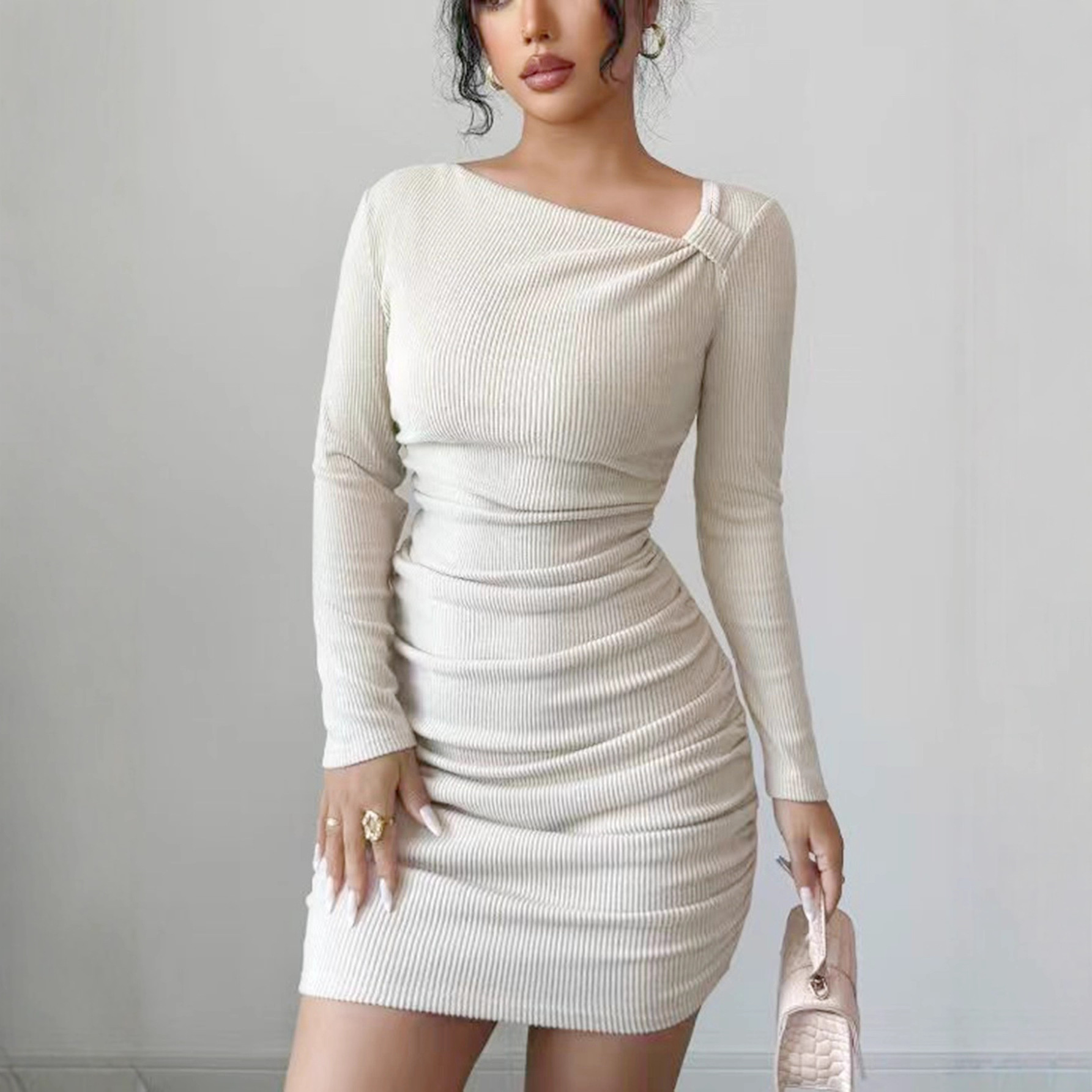 One shoulder Slim fit Long sleeved Knitted Dress With A Body hugging Silhouette Apricot Beige - Shop at LoveMi