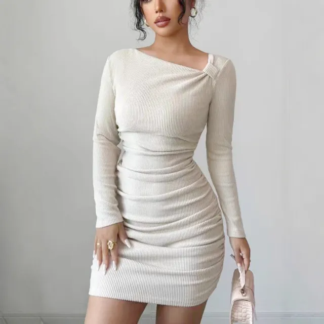 One shoulder Slim fit Long sleeved Knitted Dress With A Body hugging Silhouette Apricot - Shop at LoveMi