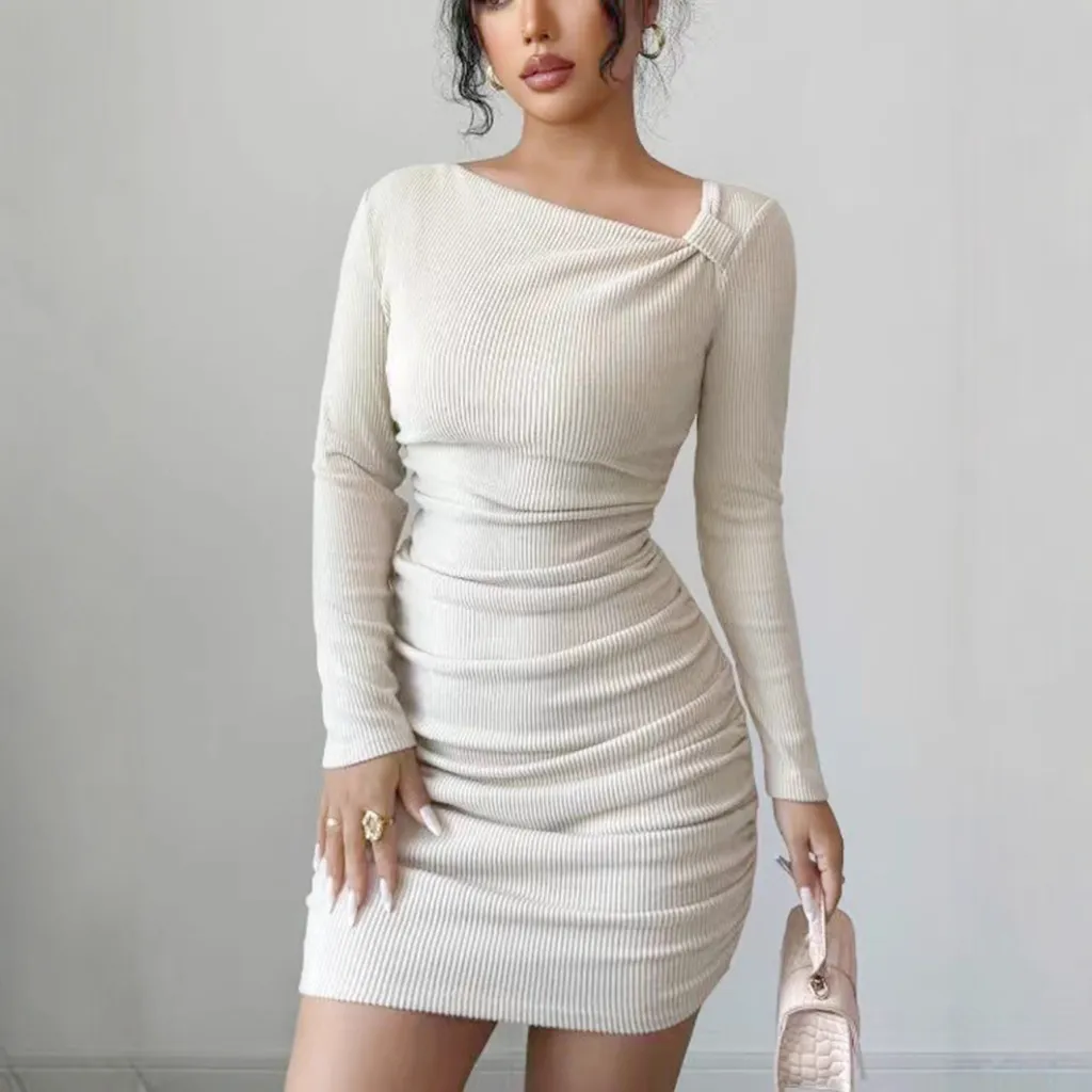One-shoulder Slim-fit Long-sleeved Knitted Dress With A Body-hugging Silhouette - Apricot