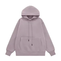 Fleece-lined Thick Hooded Solid Color Hoodie Suit - Ash Purple Top - View 1
