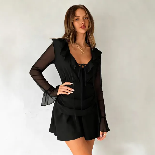European And American style Sheer Long sleeve Dress With Ruffled Hem Black - Shop at LoveMi