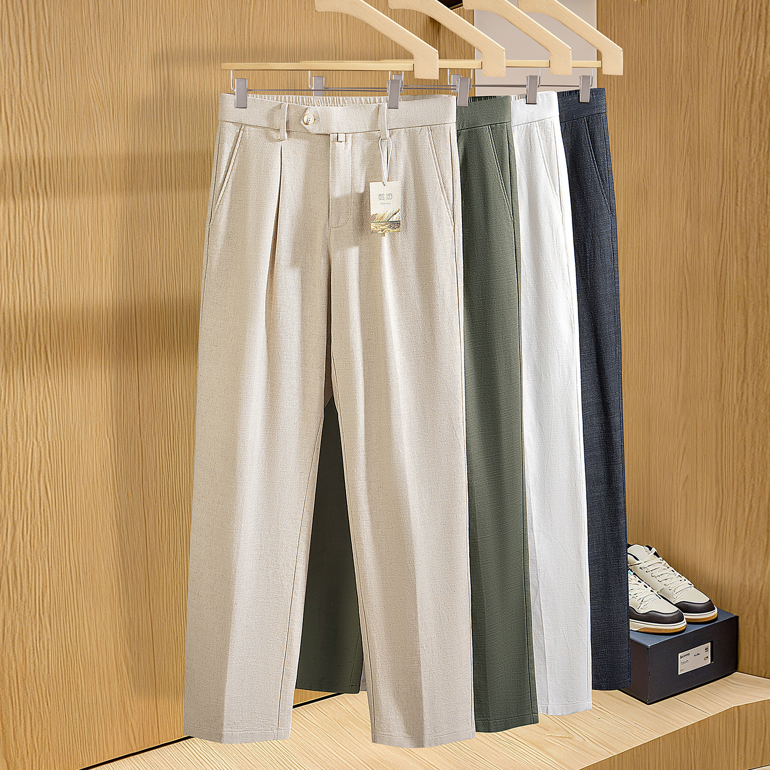 Spring Summer New Arrival Straight-Leg Business Mens Loose Cotton-Linen Casual Dress Trousers