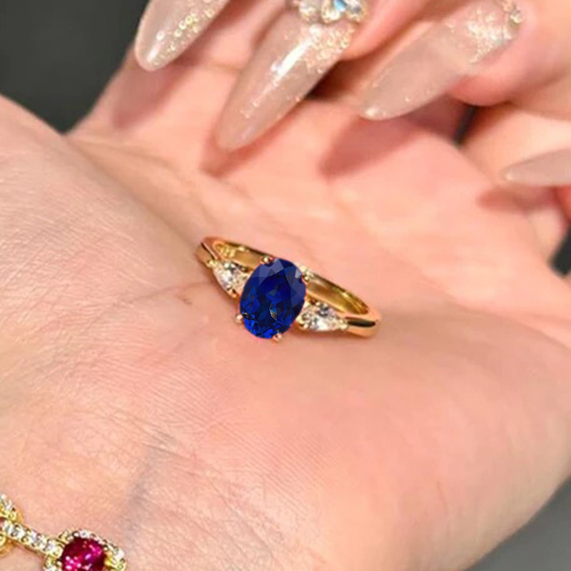 New S925 Silver Simulation Sapphire Oval Blue Corundum Fashion All-Match Ring