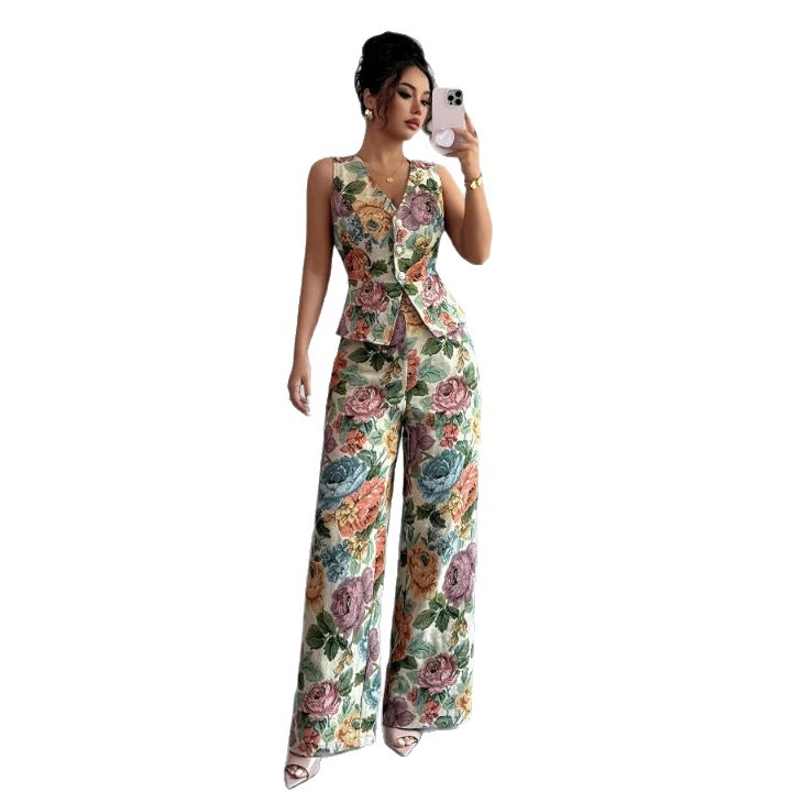 Womens Printed Waist-Cinching Sleeveless Vest Top High-Waisted Wide-Leg Pants Two-Piece Set 7