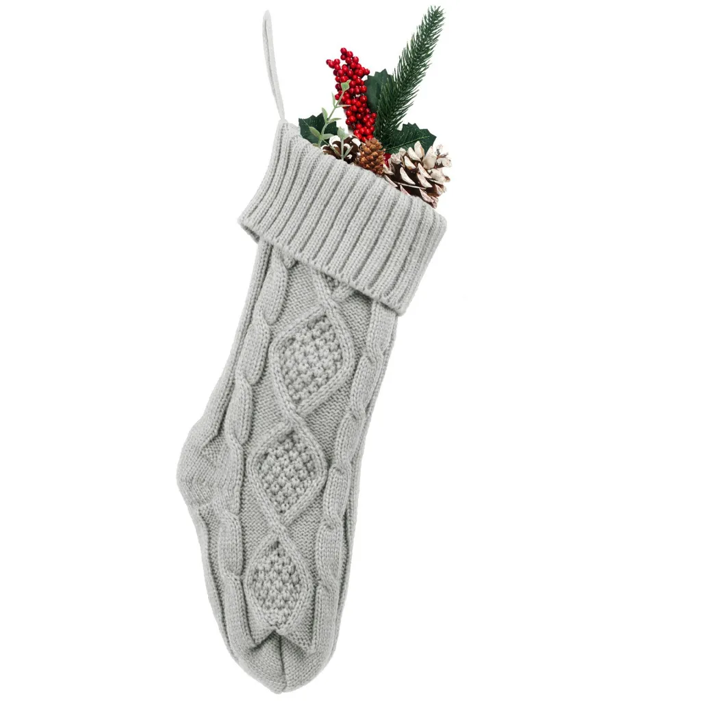 Embroidered Knitted Christmas Stockings Gift Bag - Gray