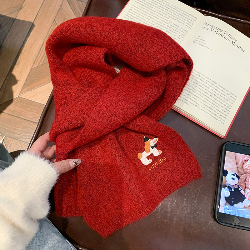 Autumn And Winter Fashionable Warm Cartoon Cute Embroidered Puppy Scarf For Women
