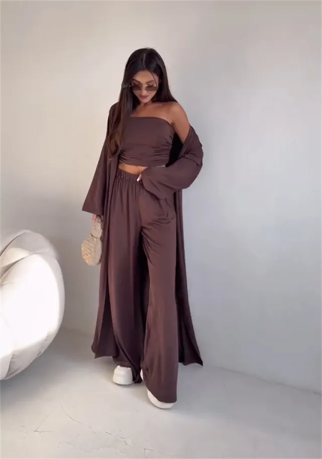 Casual Loose Cardigan Straight leg Pants Tube Top Suit Brown - Shop at LoveMi