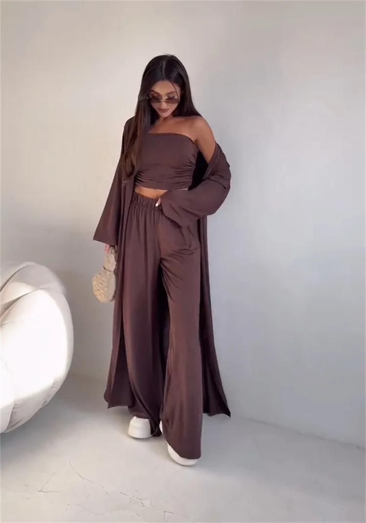 Casual Loose Cardigan Straight-leg Pants Tube Top Suit - Brown