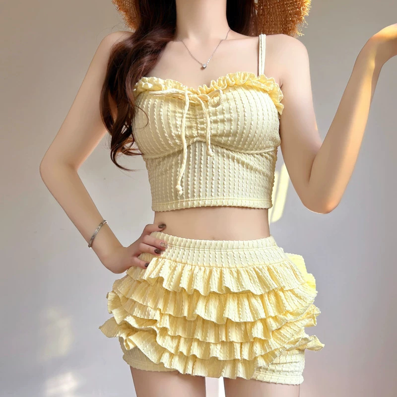 Womens Two-Piece Split Swimsuit Camisole Style Solid Color