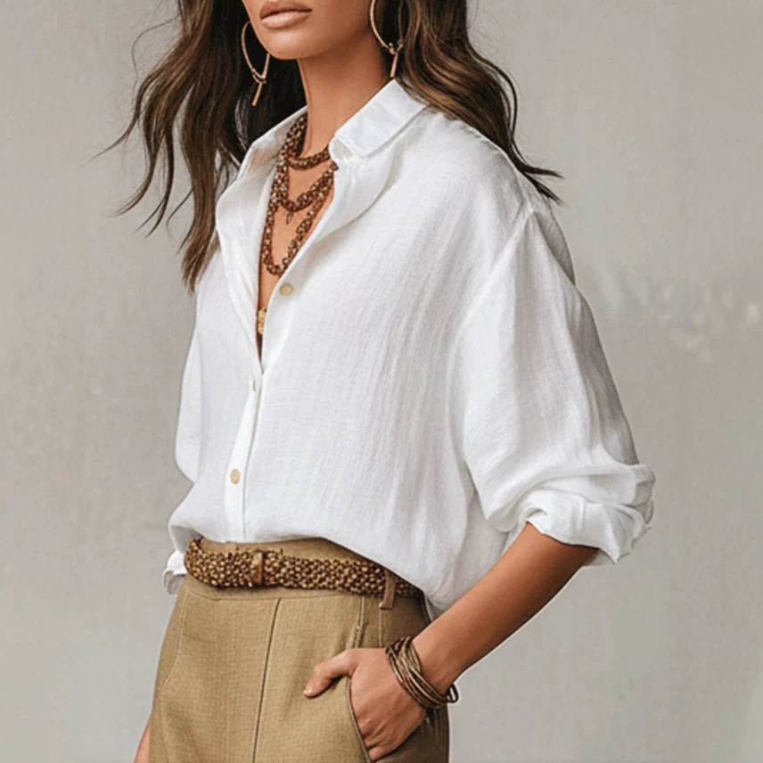 Women Cotton Linen Long Sleeve Button Down Shirt - Solid Color Breathable Casual Blouse Top for Summer Daily Wear