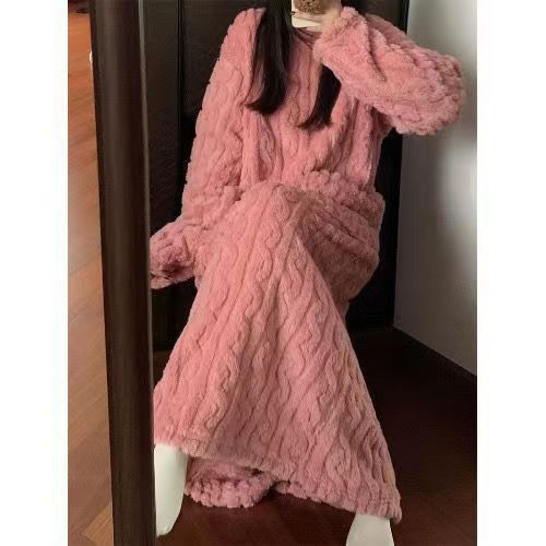 Winter Koralle Fleece Nachtwäsche Damen Nachthemd Lang Nachtkleid Pyjama mit Po - Bild 9 von 11