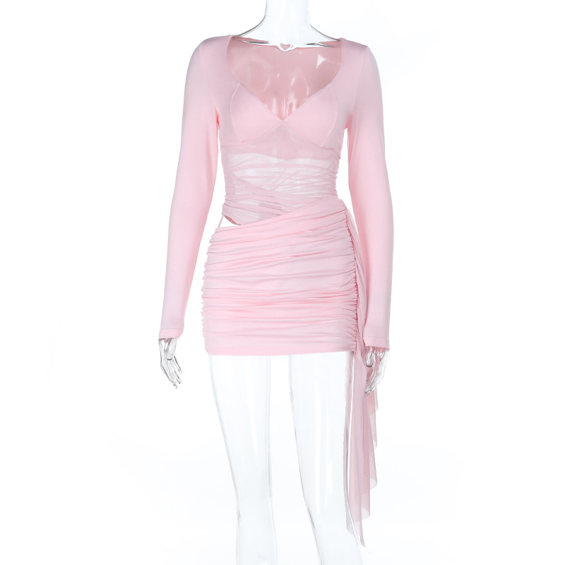 Hollow out Mesh Ribbon Long Sleeve Bodycon Dress Pink - Shop at LoveMi