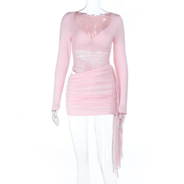 Hollow out Mesh Ribbon Long Sleeve Bodycon Dress Pink - Shop at LoveMi