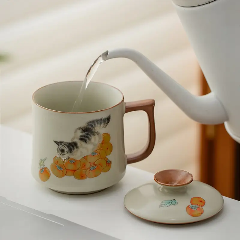 Persimmon Cat Ceramic Cap Filter Mug