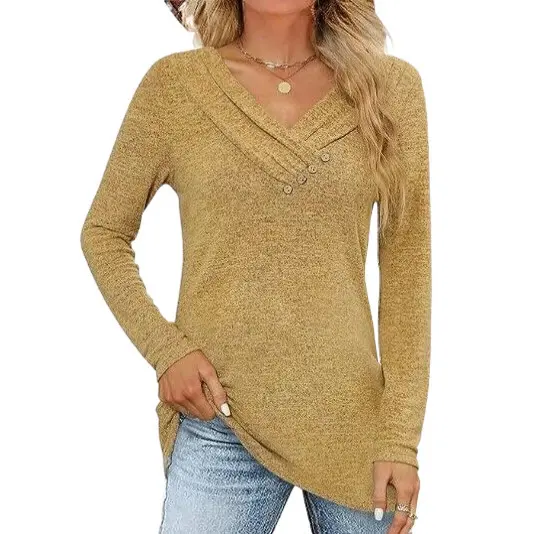 Womens Casual Solid-Color Crossed V-Neck Long-Sleeve Top