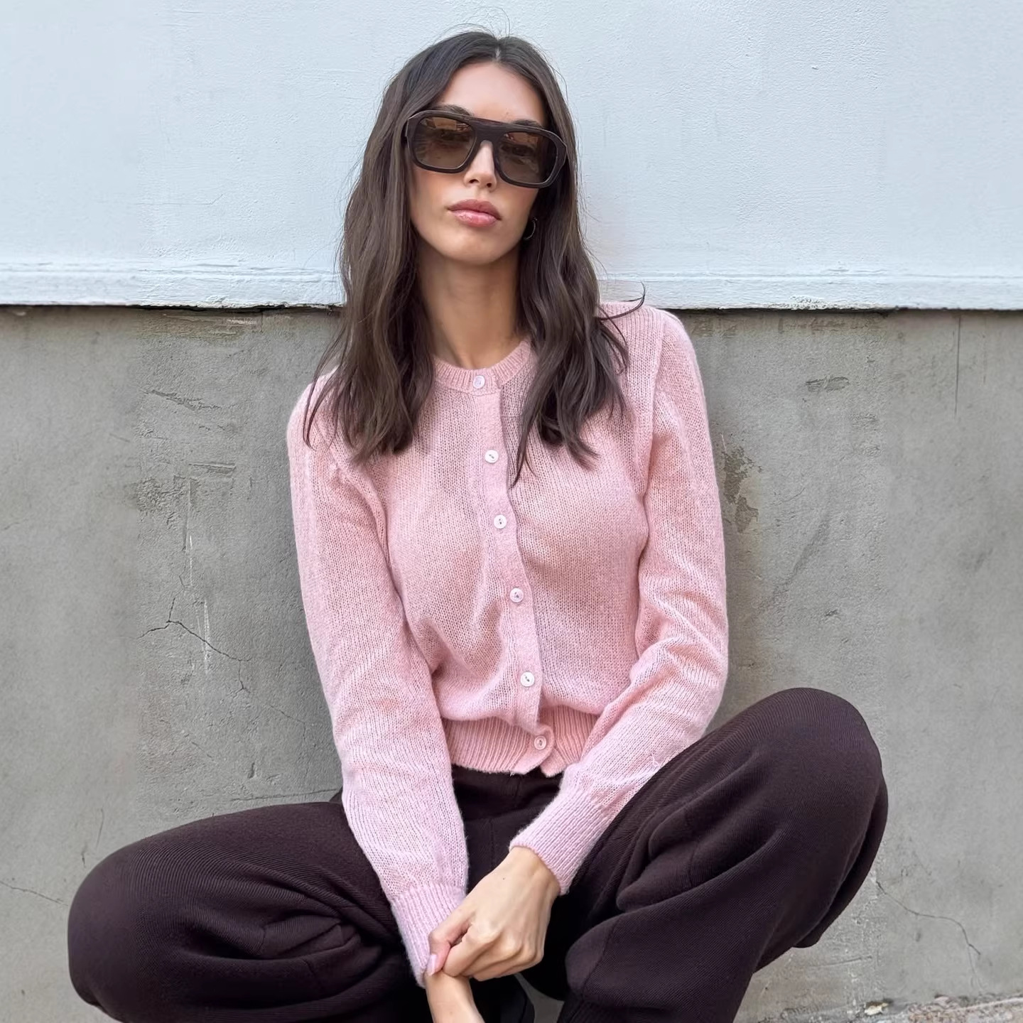 Womens Round-Neck Hollow-Out Cardigan Knitted Sweater Coat