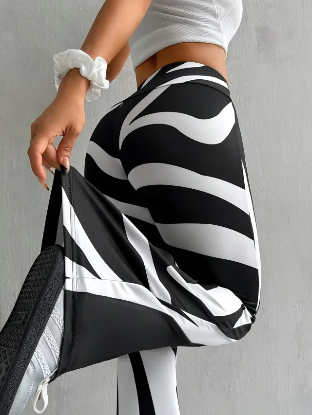 Bell bottom Pants Fashion Printed High Waist Sheath Casual Pants Black And White - Shop at LoveMi
