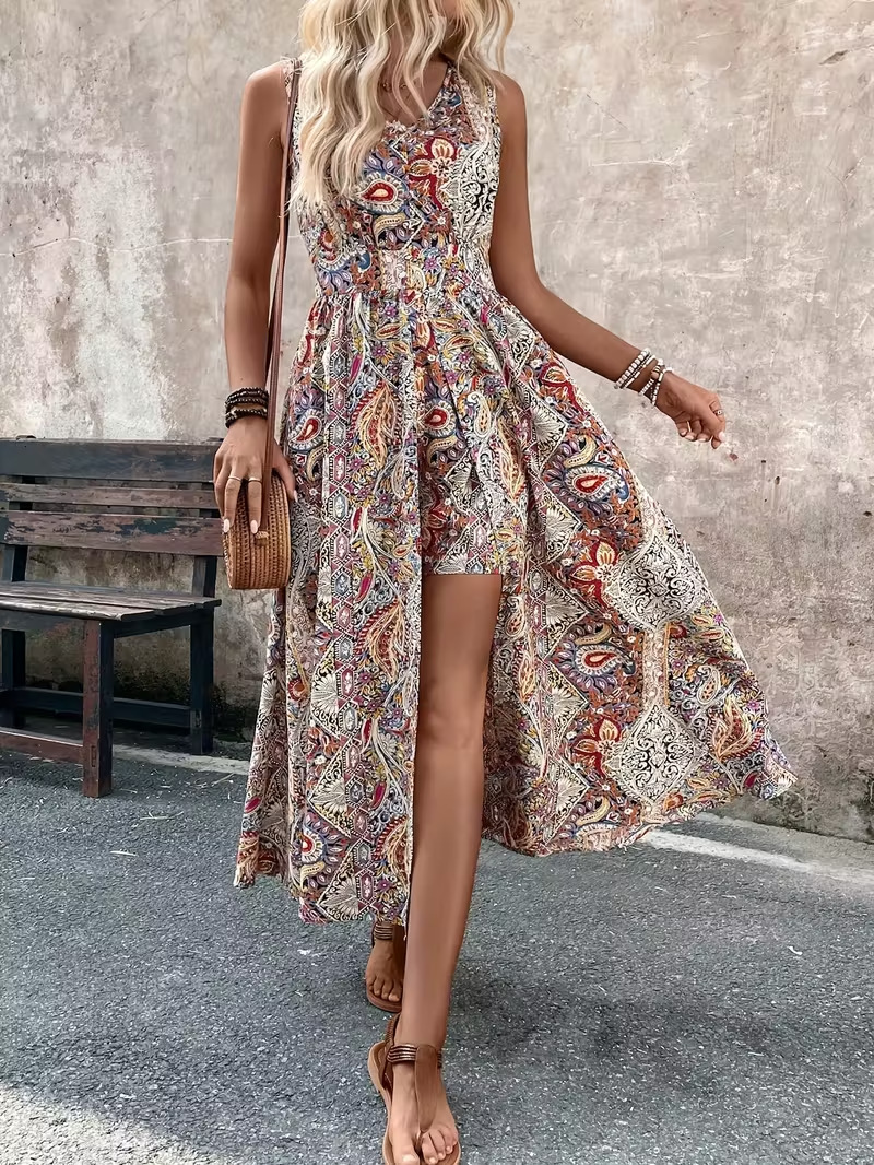 Women's red printed sleeveless jumpsuit – vacation style