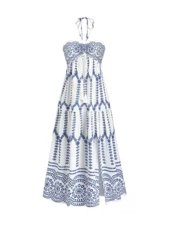Split Sexy Printed Lace-up Tube Top Dress - White And Blue Flowers - View 1