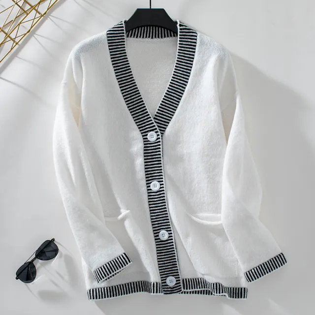 Women's Knitwear Striped Contrast Color V neck Single Breasted Beige - Shop at LoveMi