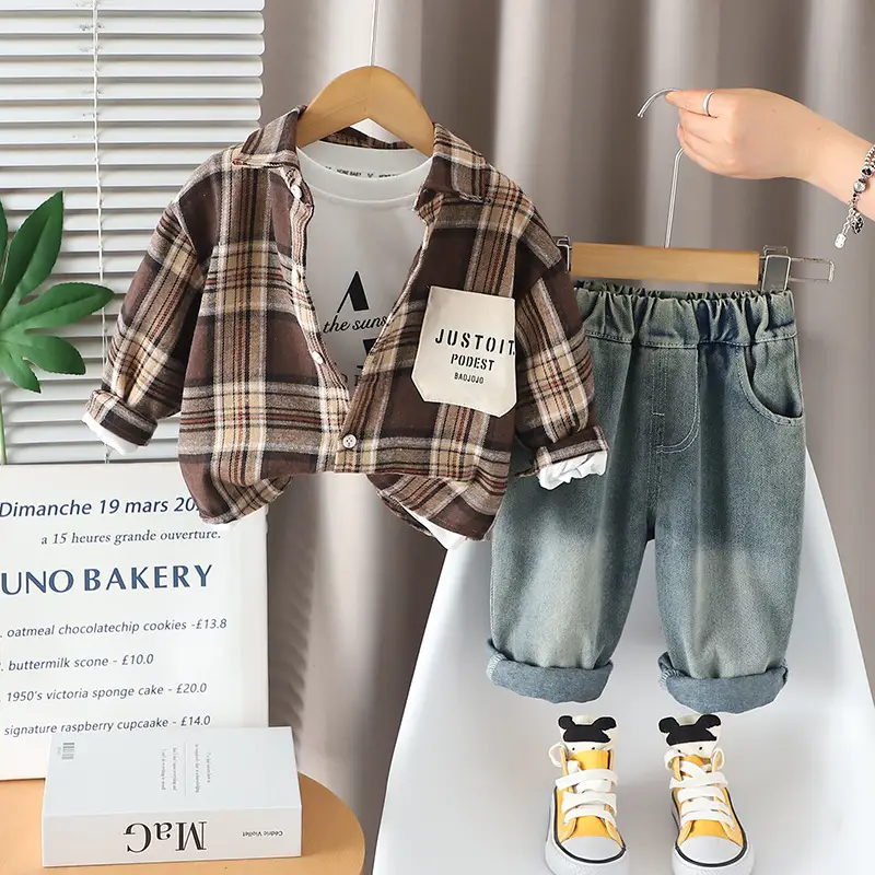 Children's Plaid Shirt With Pockets 3-Piece Trendy Outfit