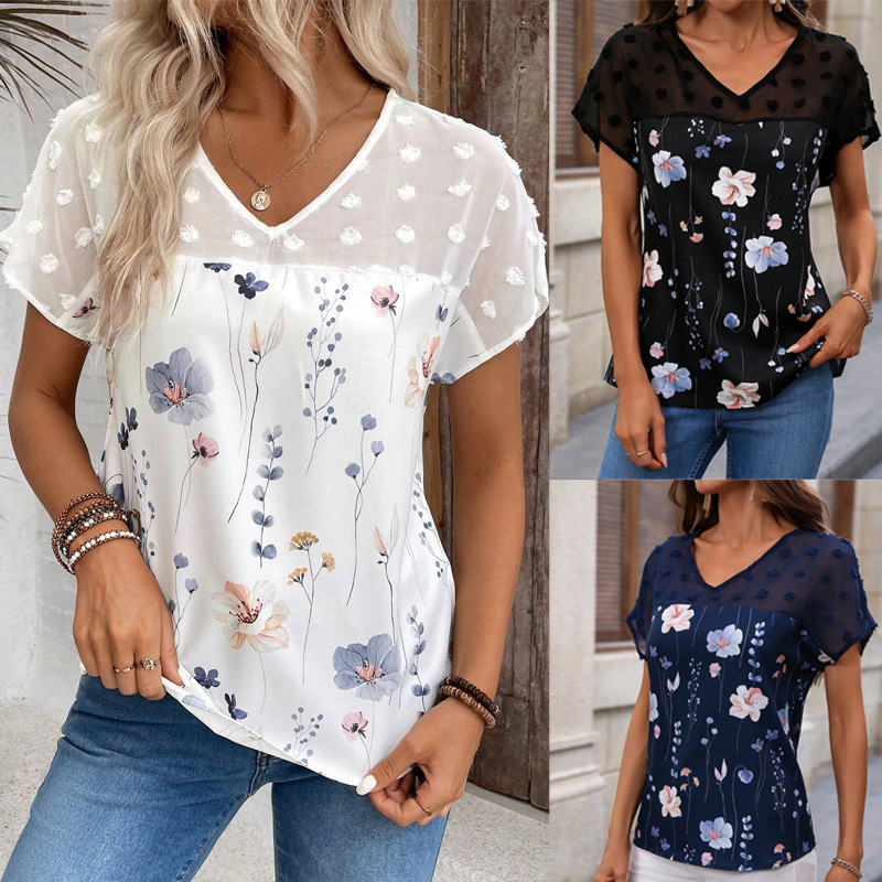 Fashionable New V-neck Printed Lace-panel Short-sleeve TopT-shirt