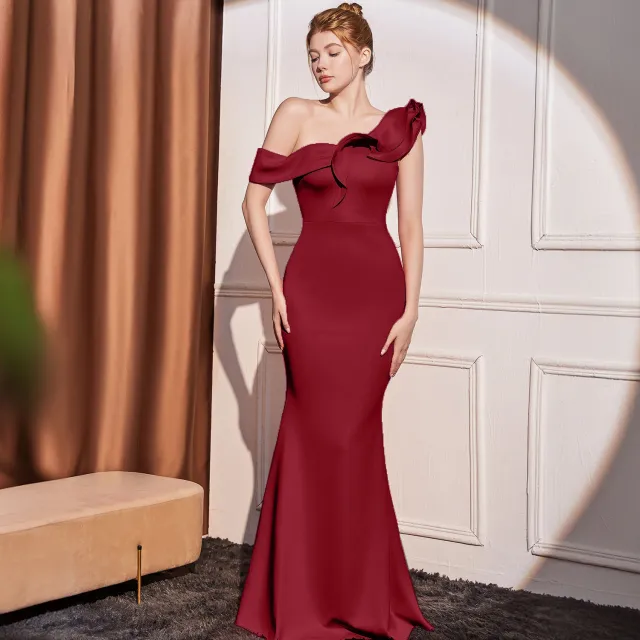 High end Slant Shoulder Slimming Long Dress Wine - Shop at LoveMi