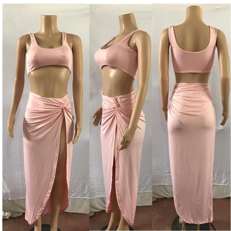 Mid-length Solid Color High Slit Two Piece Set