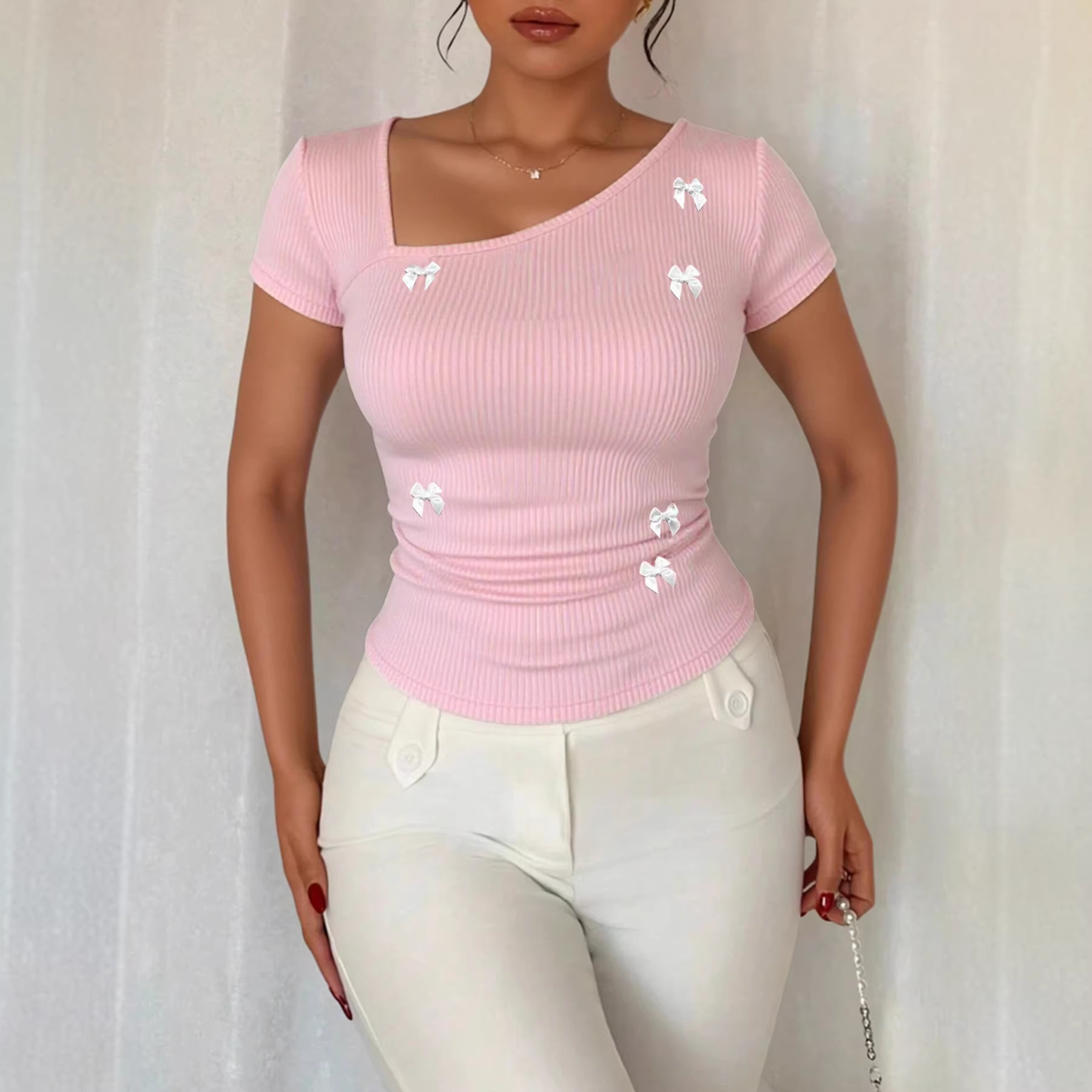 Summer T-shirt With A Bow Accent And Slanted Neckline