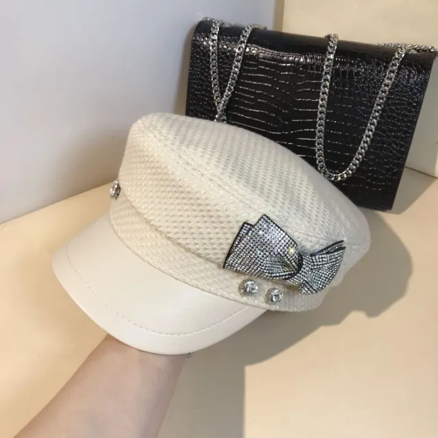 Splicing Socialite Flat Top Rhinestone Bow Navy Hat Female Beige - Shop at LoveMi