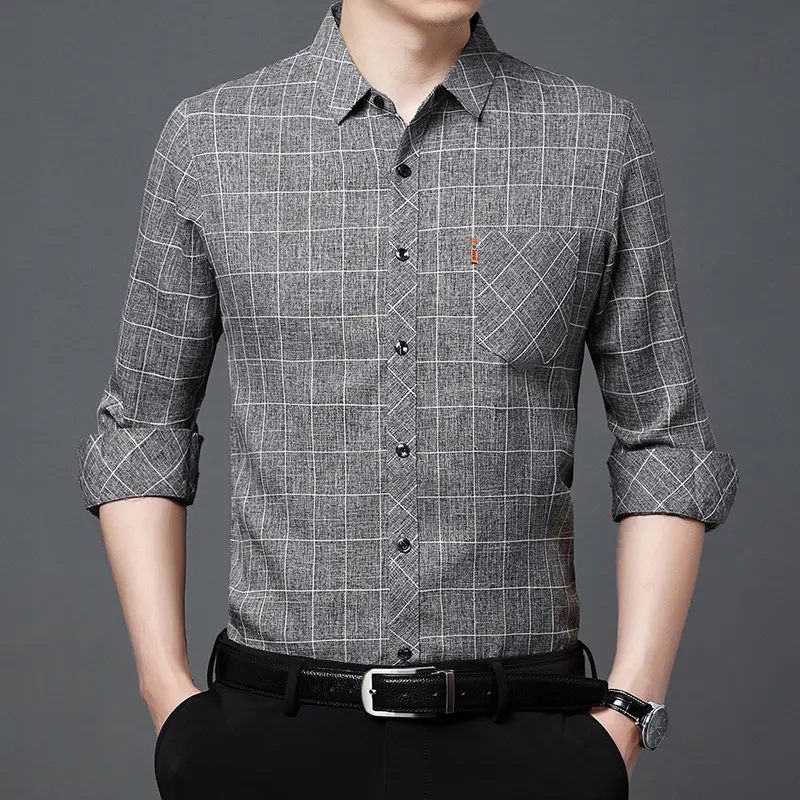 Linen-like Plaid Long-sleeved Shirt for Middle-aged Men