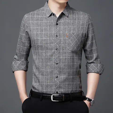 Linen-like Plaid Long-sleeved Shirt for Middle-aged Men