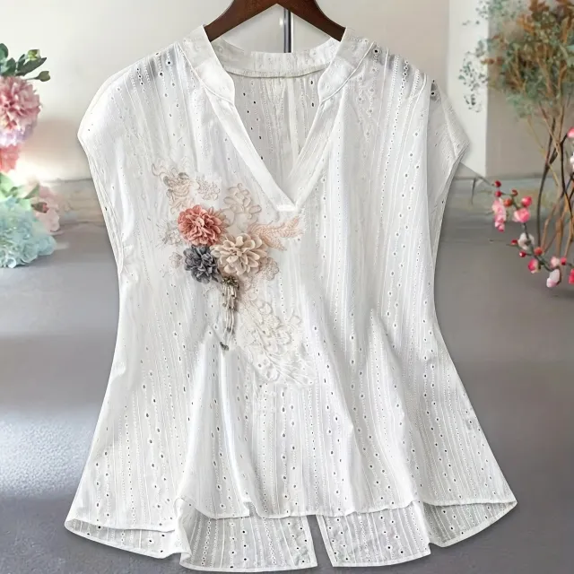 Elegant 3D Embroidered Floral V Neck Top Shirt White - Shop at LoveMi