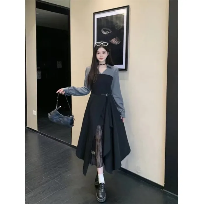 Womens Slimming Elegant Plus-Size Lace Long-Sleeve Dress - Black