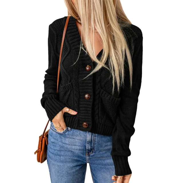 Summer Solid Color Knitted Cardigan Pocket Button Texture Long Sleeve Black - Shop at LoveMi