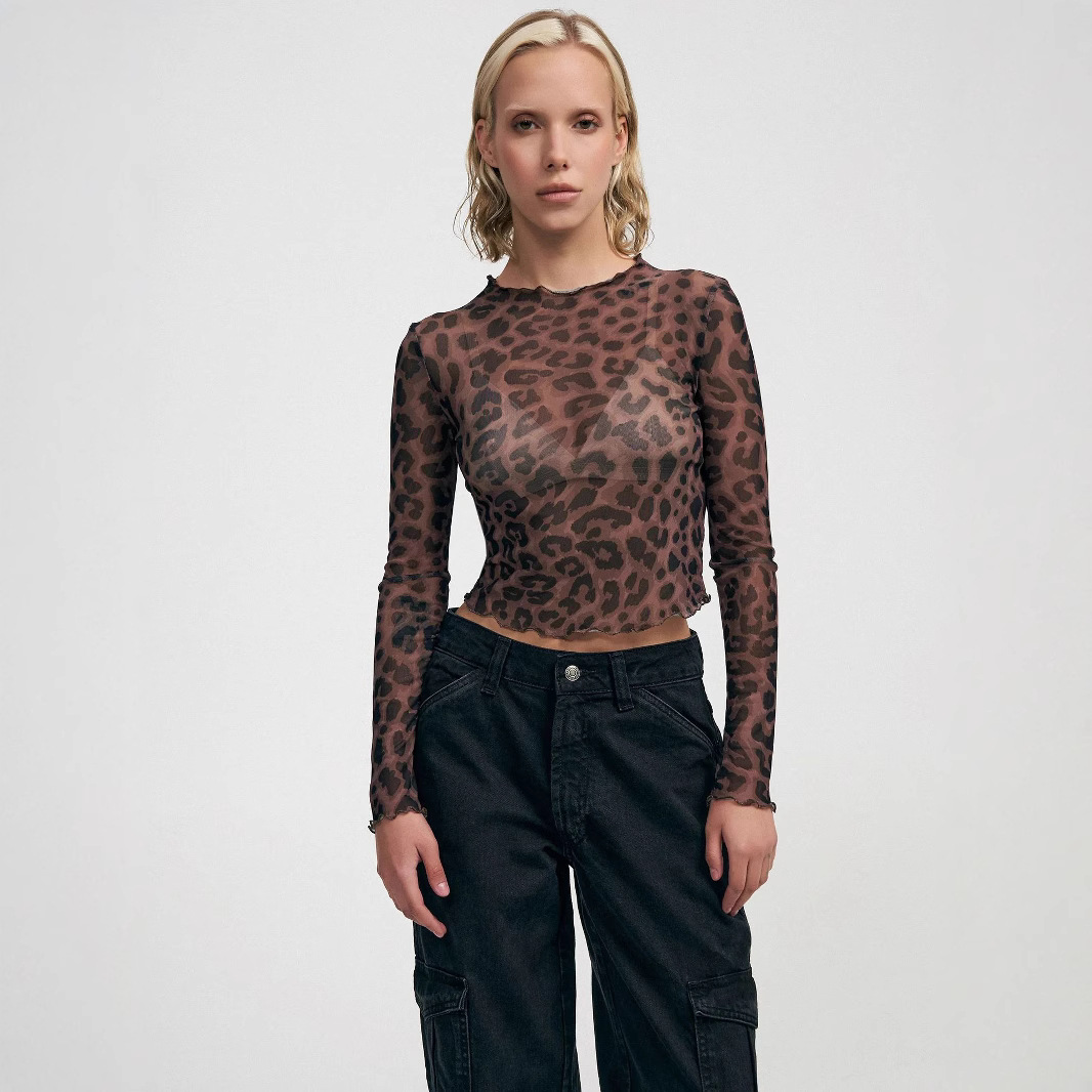 Women's Leopard-Print Mesh Printed Bodysuit T-Shirt Top