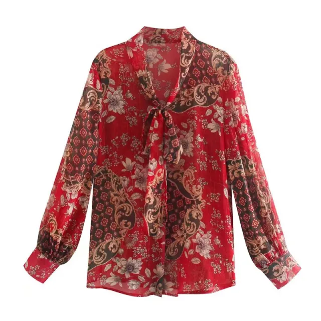 Gold Thread Chiffon Printing Shirt With Ribbon - Shop at LoveMi