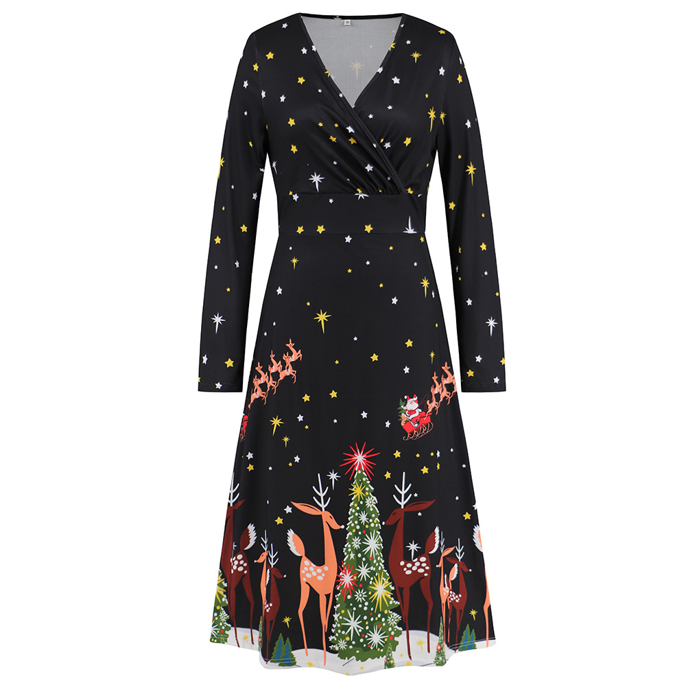 Women's V-neck Long Sleeve Christmas Printed Dress