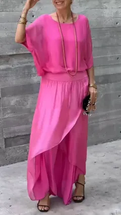 Loose Comfortable Top Split Wide Leg Pants Chiffon Casual Suit - Glittering Powder-4Xl - View 1
